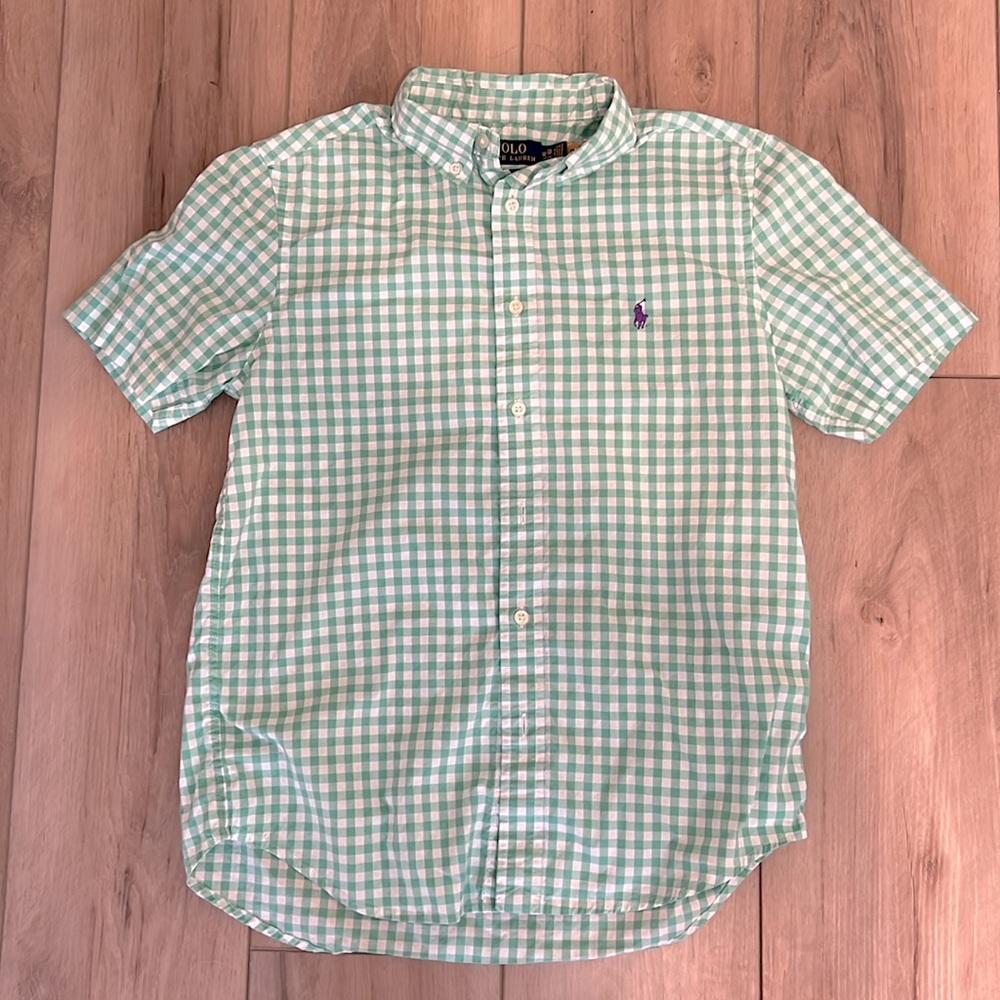Boys Polo green check short sleeve button down.